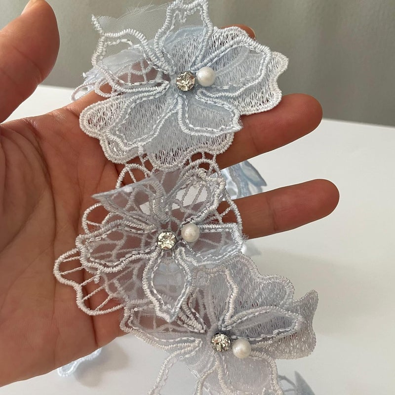 Buysk 2 Yards 3D Pearl Beads Flower Lace Trim Ribbon Floral Applique Embroidered Lace Fabric for Sewing DIY Crafts (Blue) - Image 2